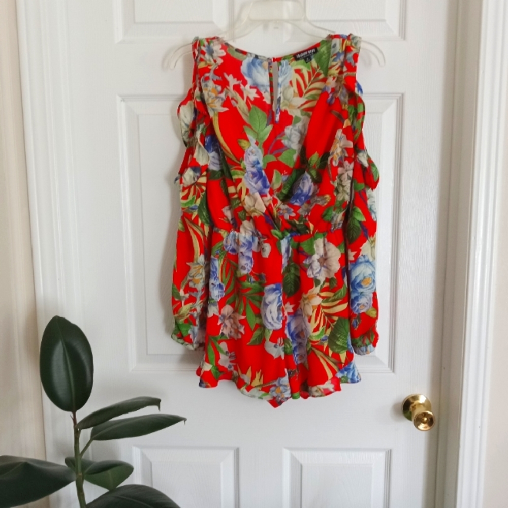 Fashion Nova Romper Floral Tropical Cold Shoulder Small Long Sleeve Shorts
